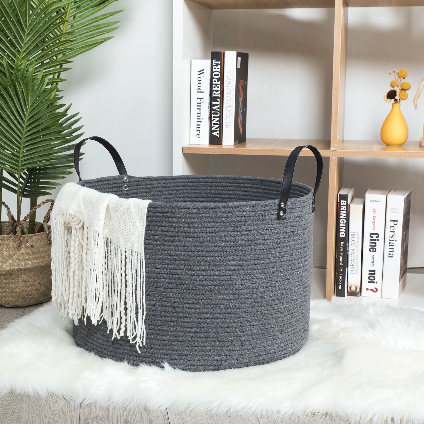 20"x13" Rope Basket w/ Long Handles - Dark Grey