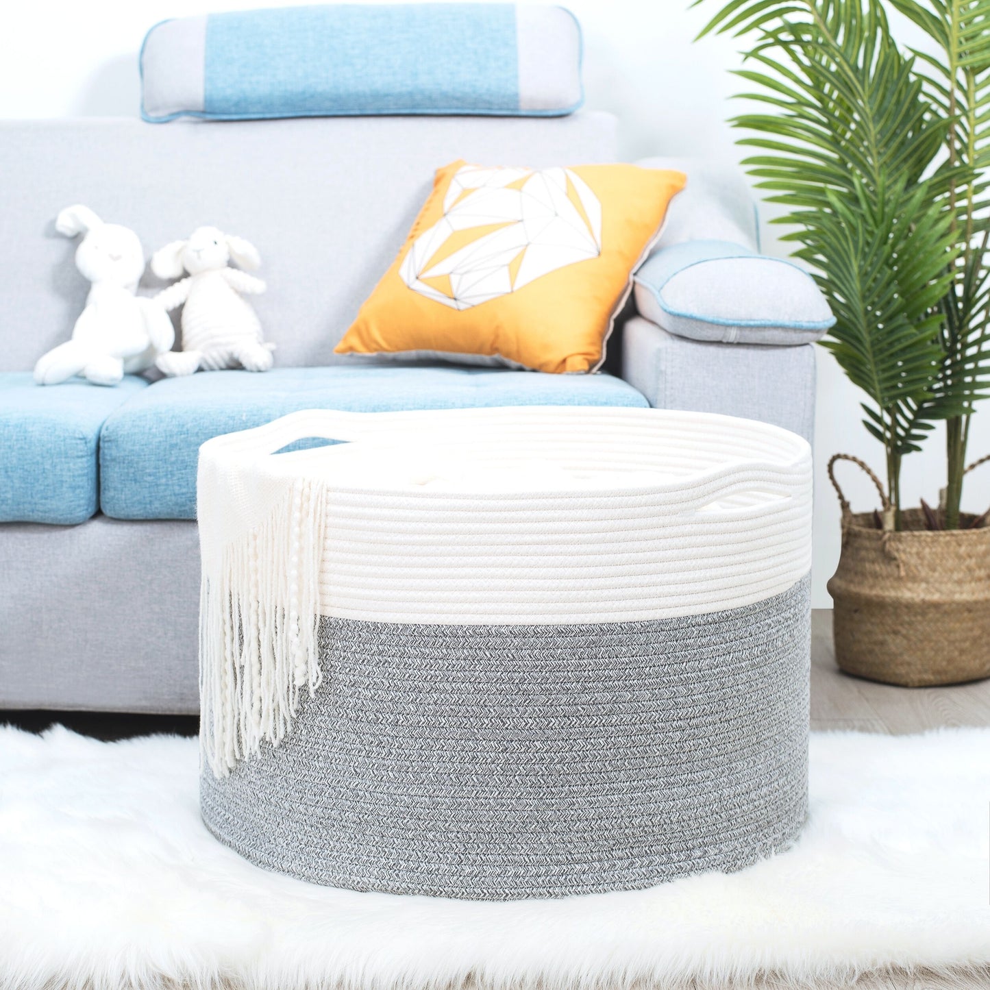 22"x14" Rope Basket w/ Slit Handles - Light Grey
