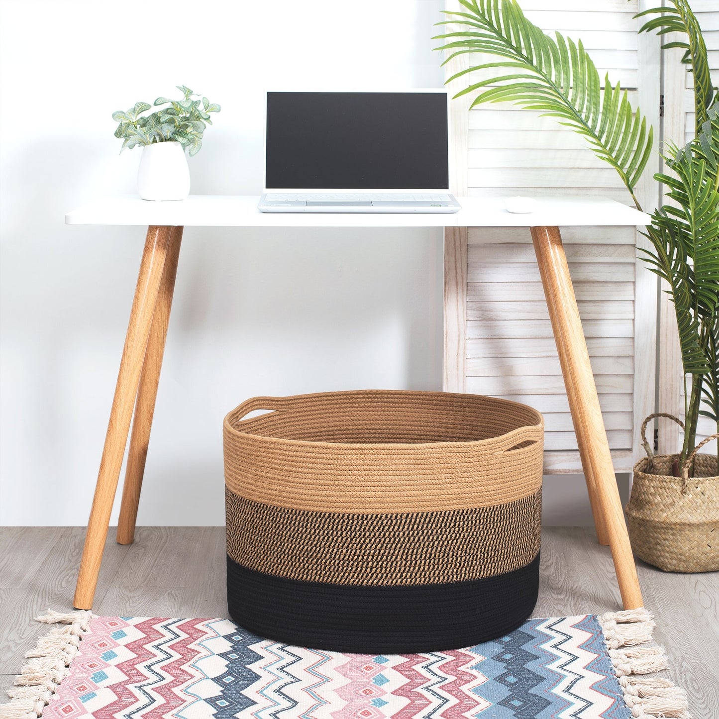 22"x14" Rope Basket w/ Slit Handles - Black Jute