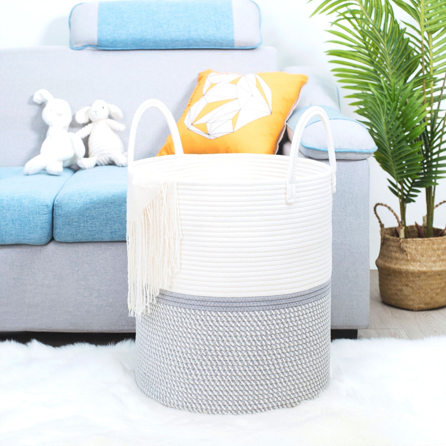 18"x16" Rope Basket w/ Long Handles - Light Grey Mix