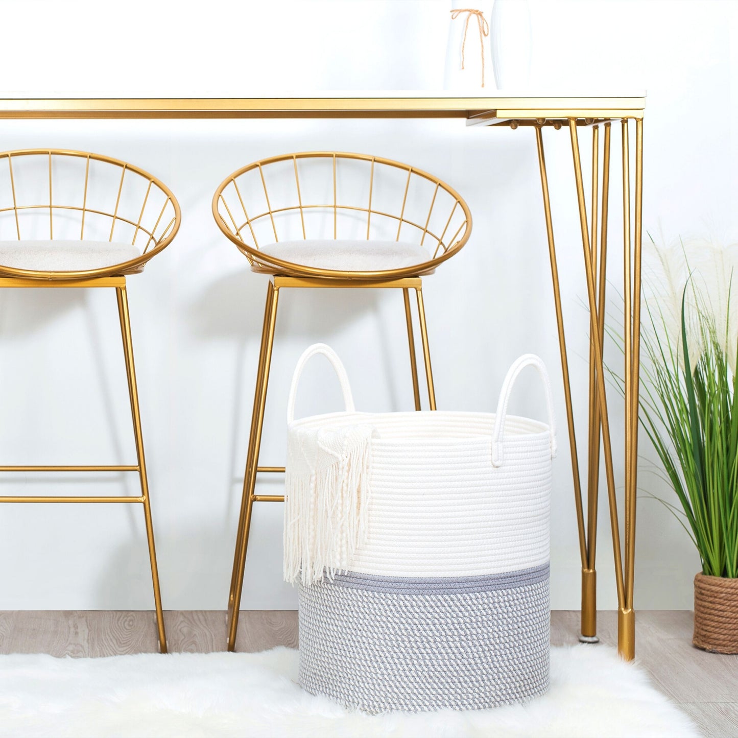 18"x16" Rope Basket w/ Long Handles - Light Grey Mix