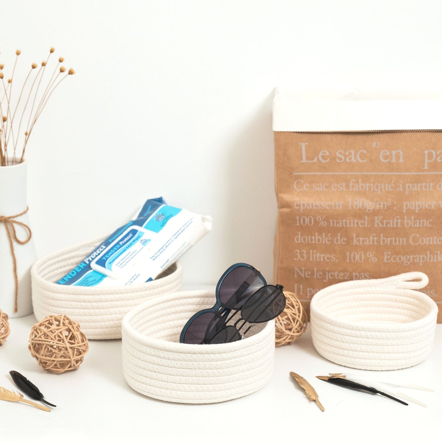 Set of 3 Nesting Catch-All Baskets - Off-White