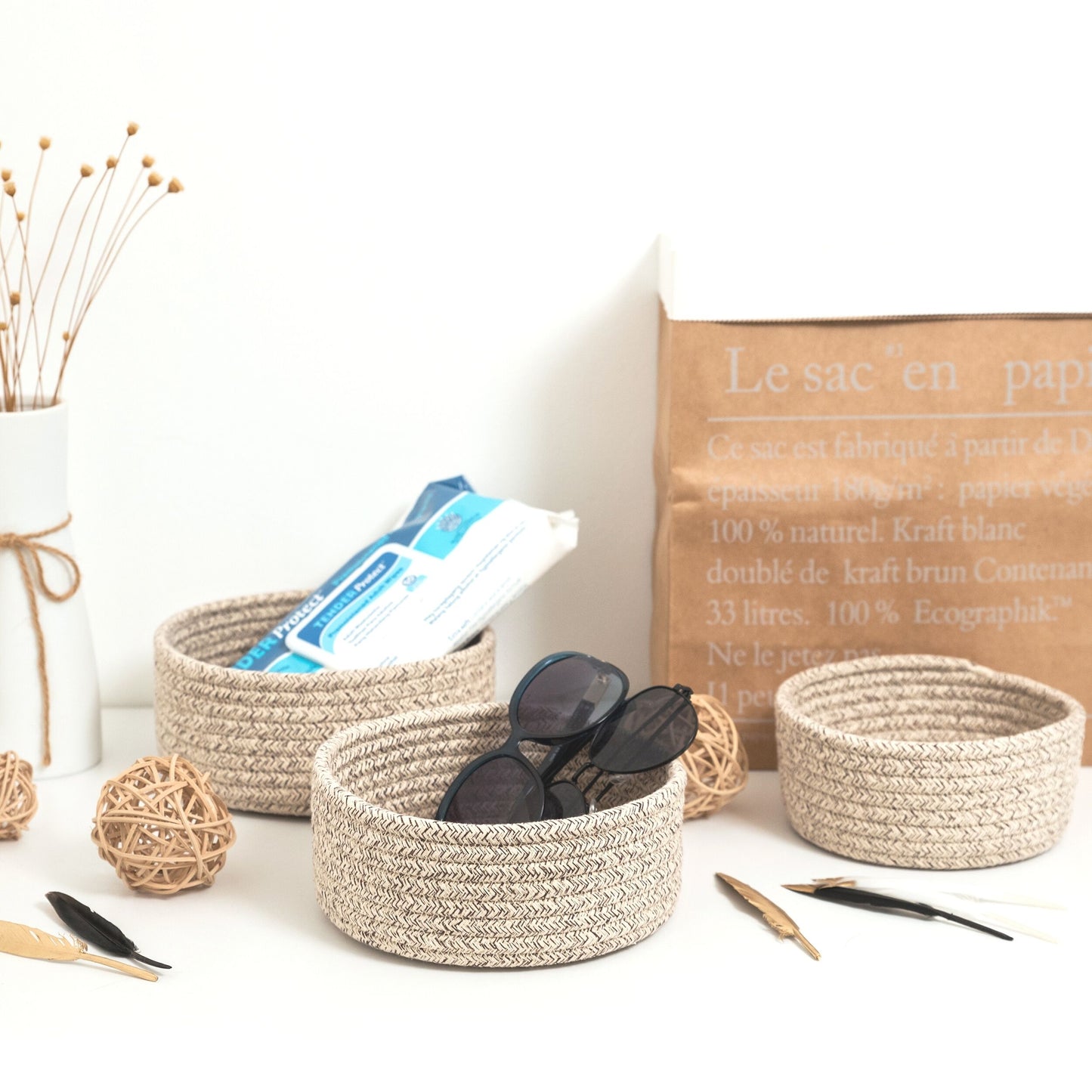 Set of 3 Nesting Catch-All Baskets - Light Brown