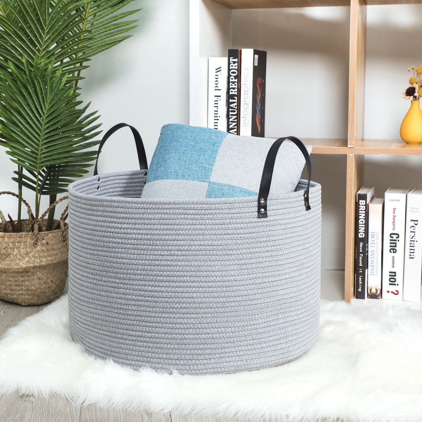 20"x13" Rope Basket w/ Long Handles - Light Grey