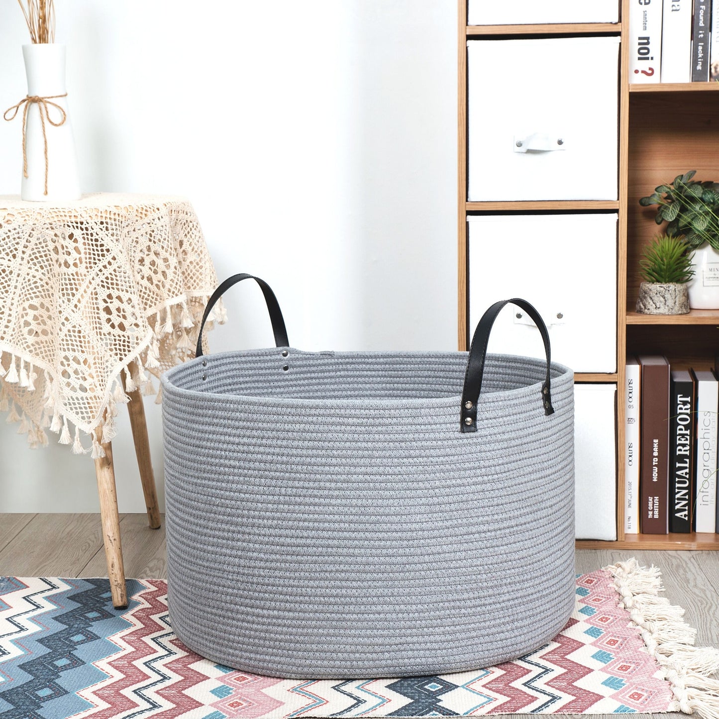 20"x13" Rope Basket w/ Long Handles - Light Grey