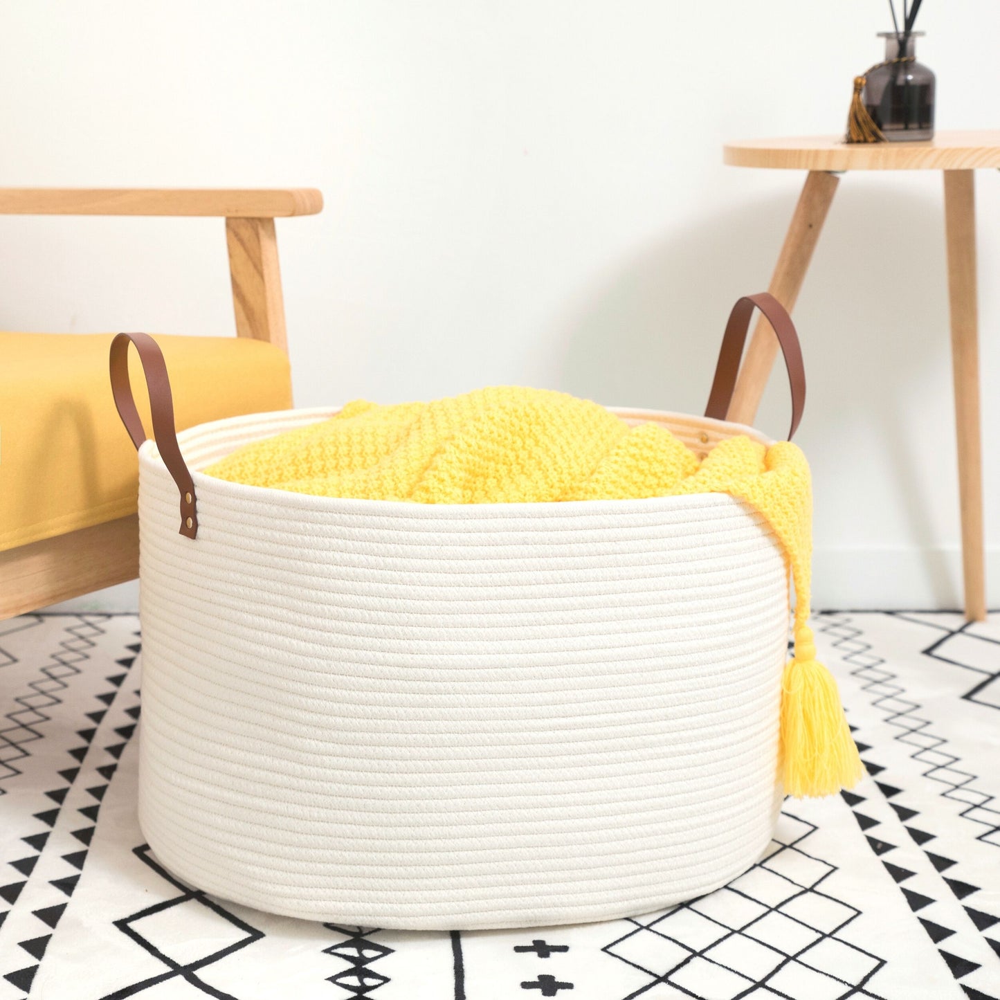 20"x13" Rope Basket w/ Long Handles - Creamy White