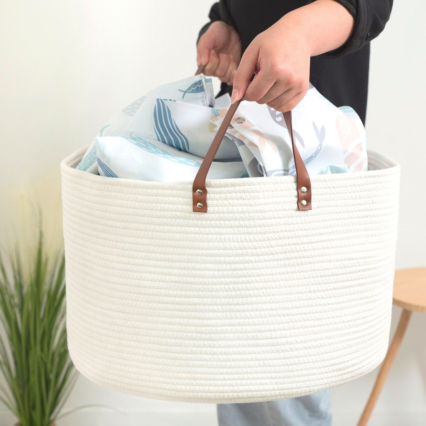 20"x13" Rope Basket w/ Long Handles - Creamy White