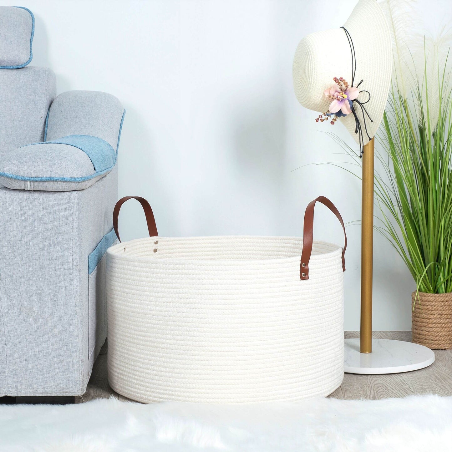20"x13" Rope Basket w/ Long Handles - Creamy White
