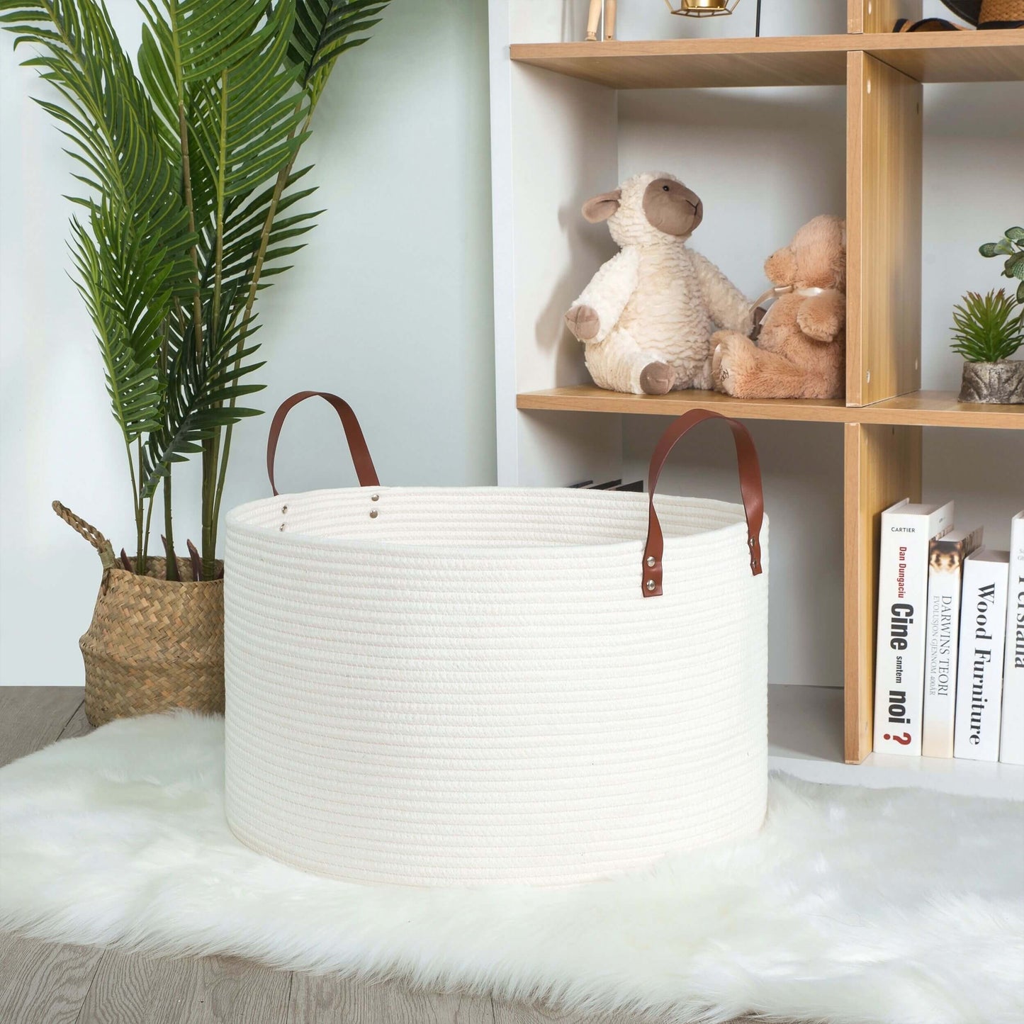 20"x13" Rope Basket w/ Long Handles - Creamy White