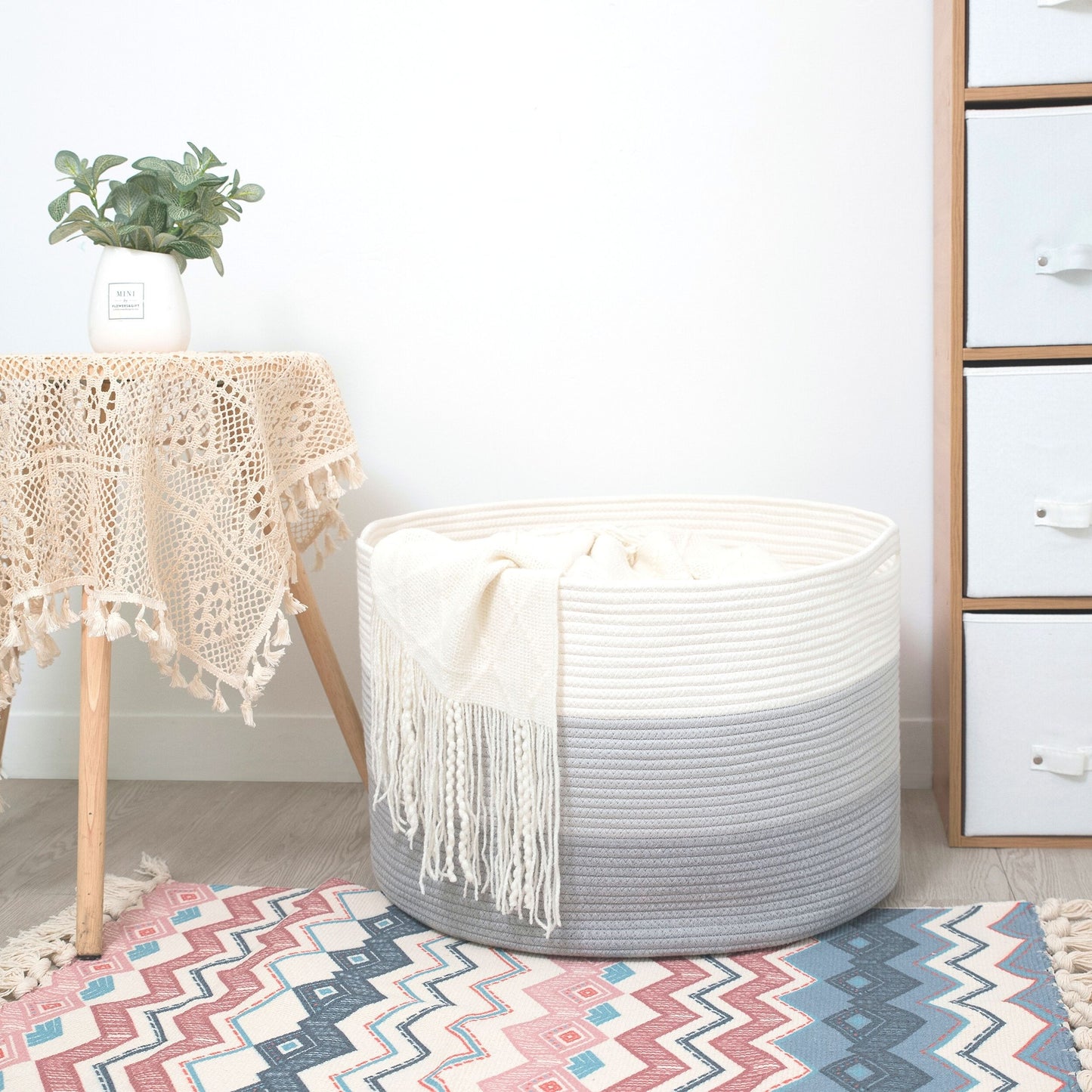 22"x14" Rope Basket w/ Slit Handles - 3-Tone Light Grey
