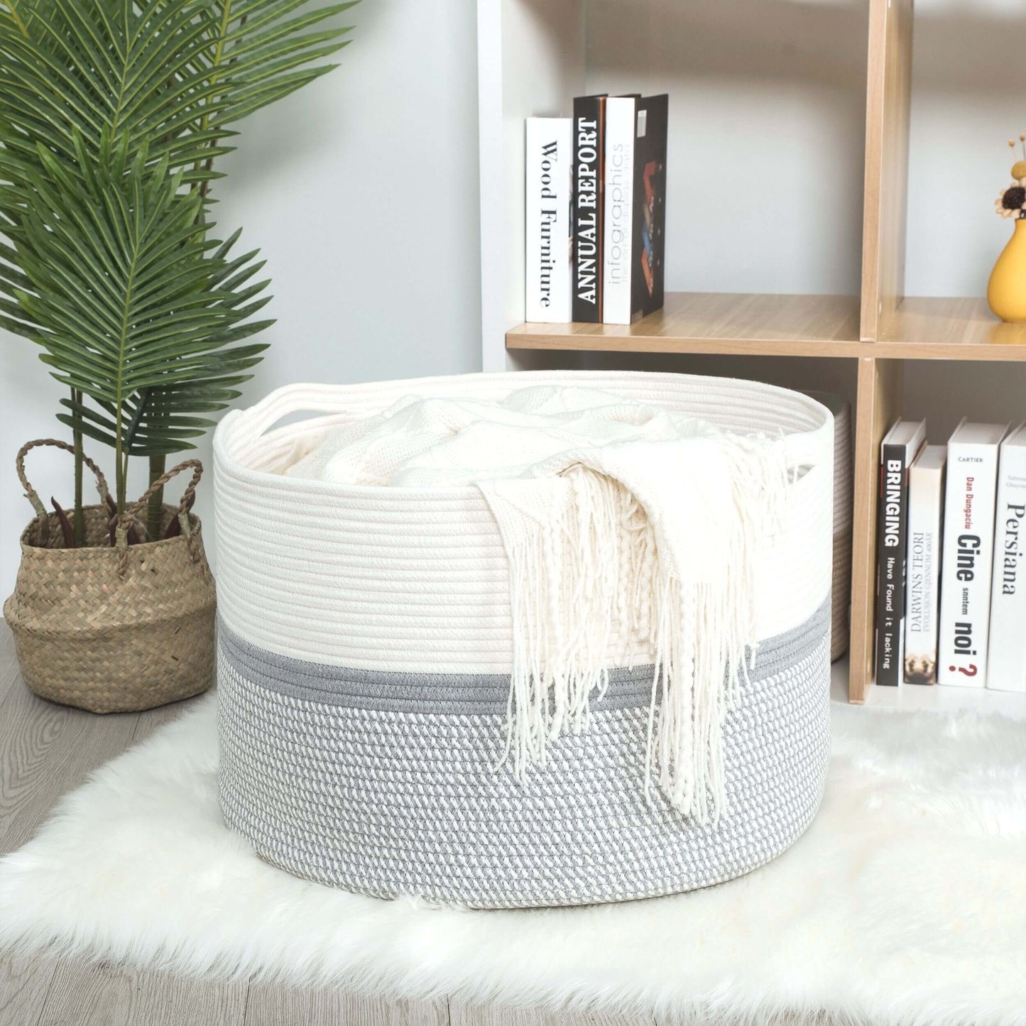 22"x14" Rope Basket w/ Slit Handles - Light Grey Mix