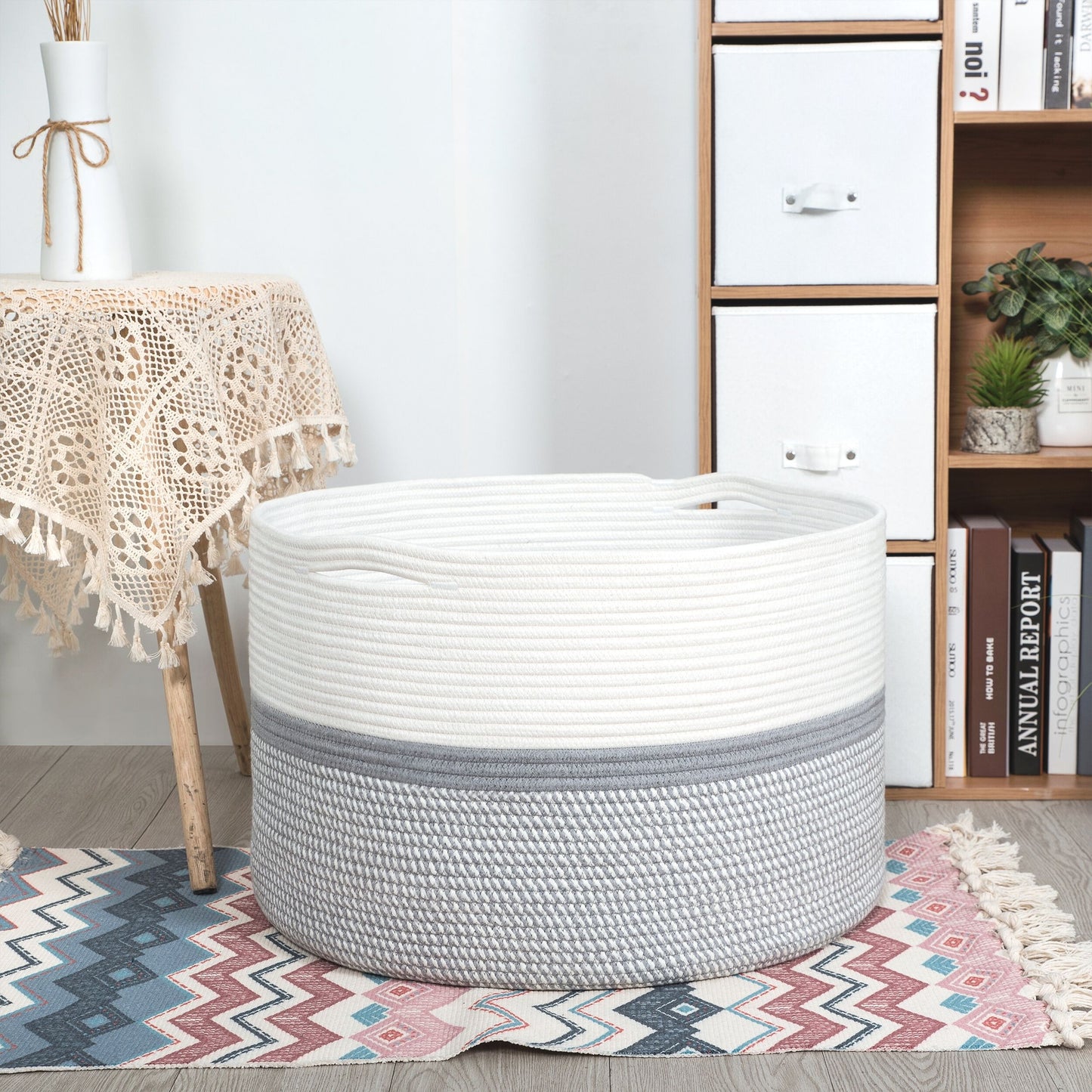 22"x14" Rope Basket w/ Slit Handles - Light Grey Mix