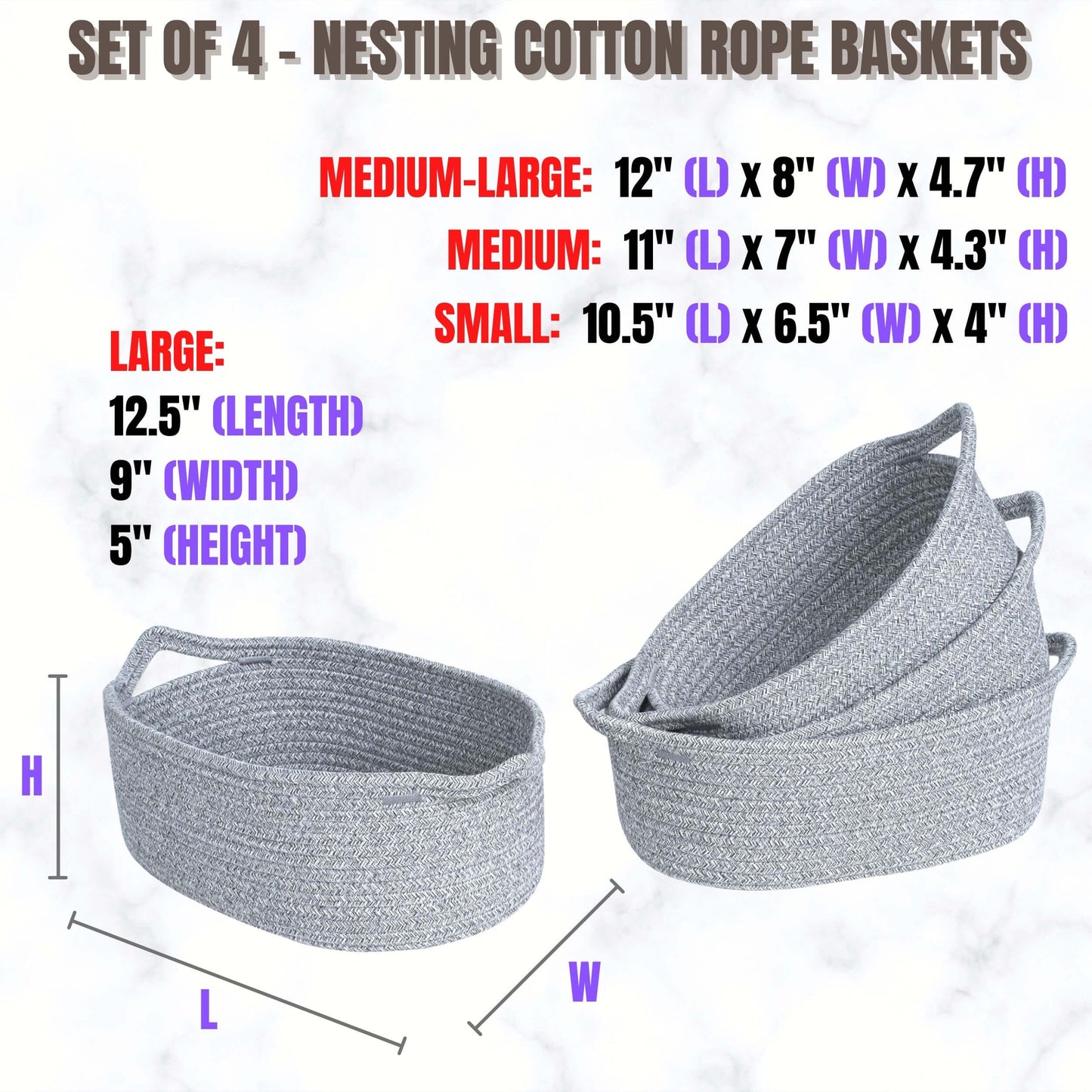 Set of 4 Nesting Rope Baskets - Light Grey Mix