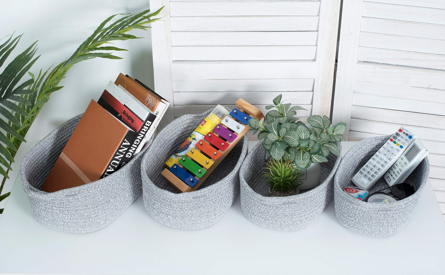 Set of 4 Nesting Rope Baskets - Light Grey Mix