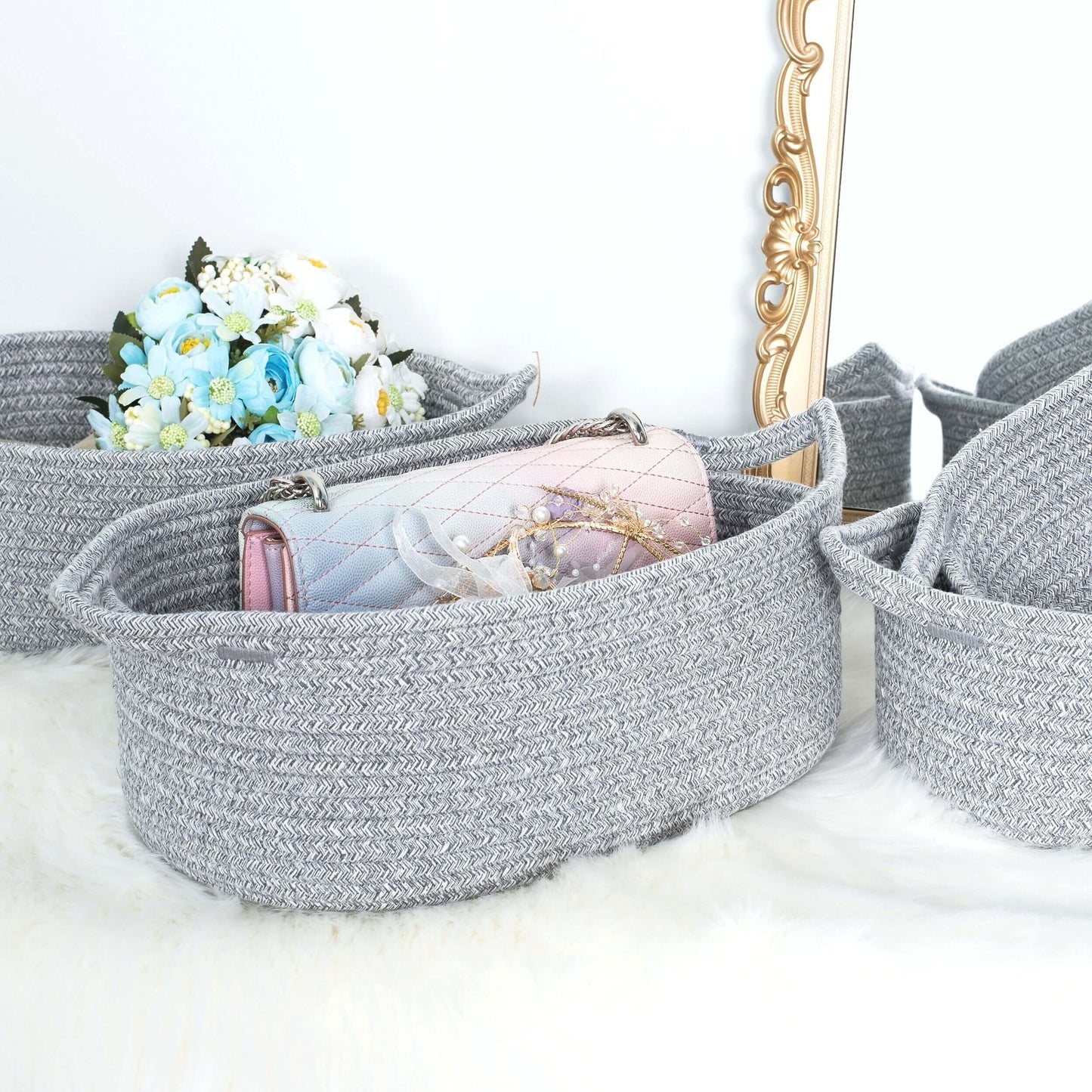 Set of 4 Nesting Rope Baskets - Light Grey Mix