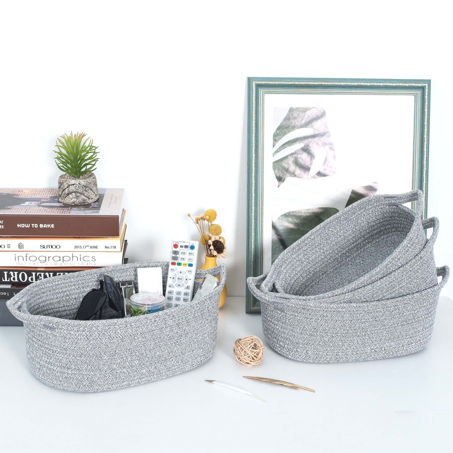 Set of 4 Nesting Rope Baskets - Light Grey Mix