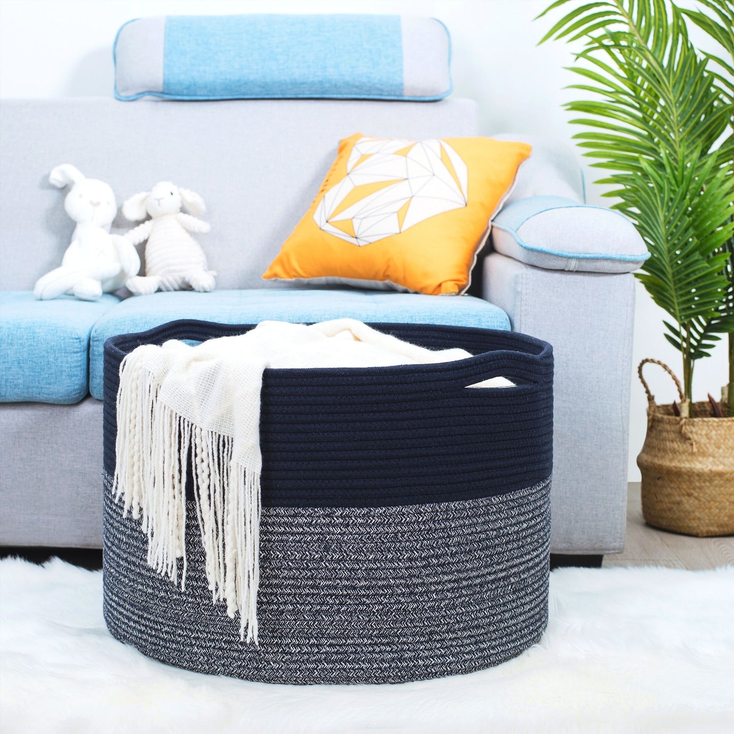 22"x14" Rope Basket w/ Slit Handles - Navy Blue