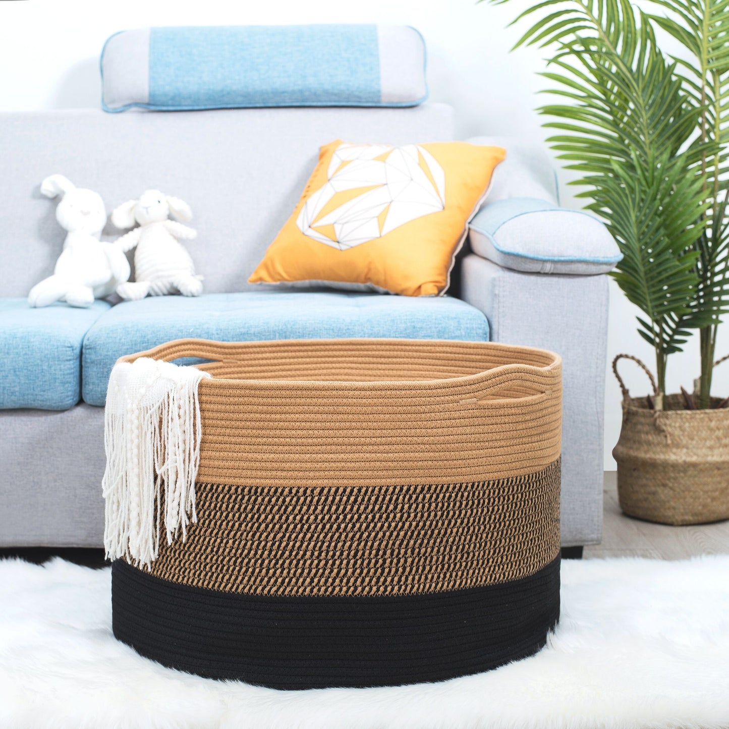 22"x14" Rope Basket w/ Slit Handles - Black Jute