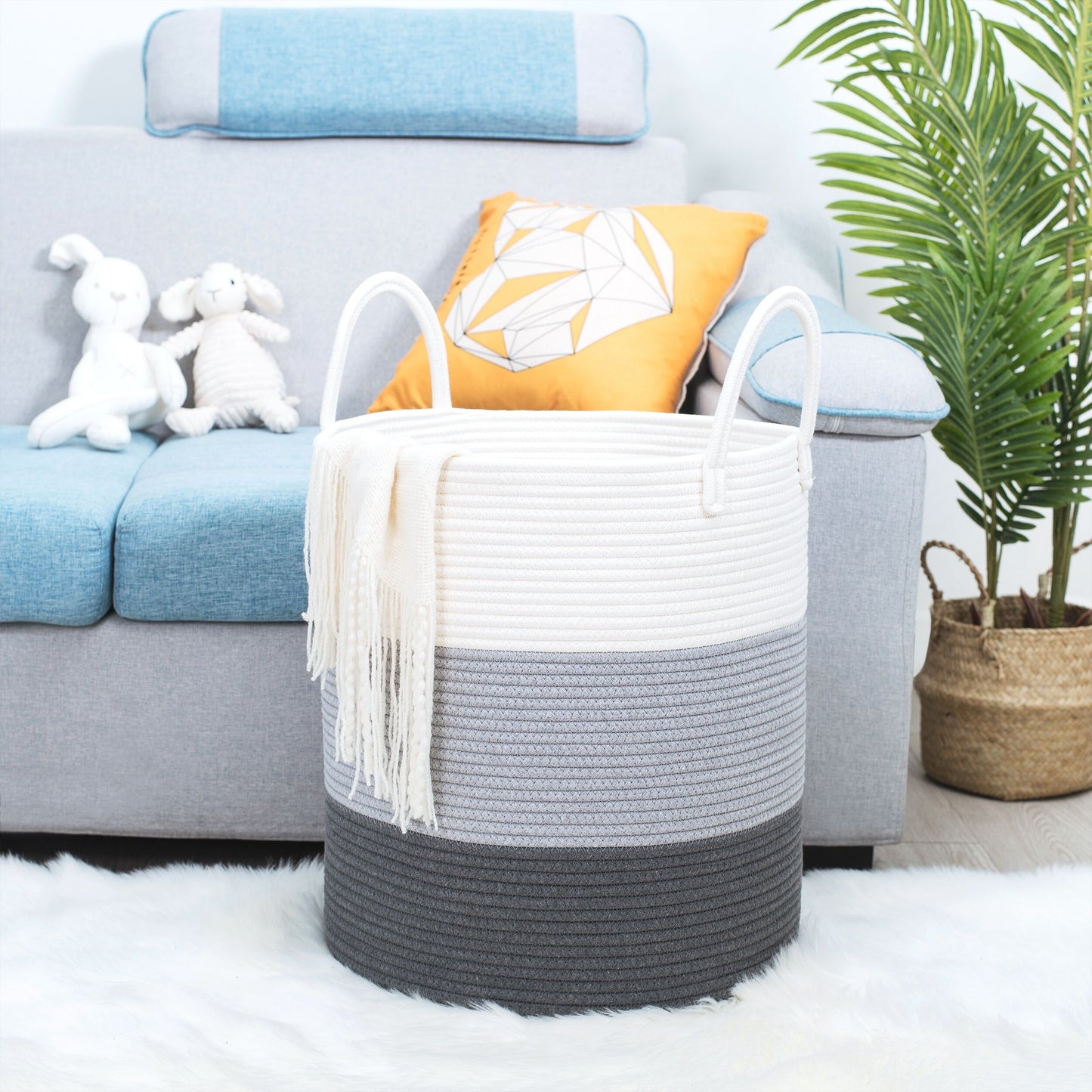 18"x16" Rope Basket w/ Long Handles - 3 Tone Dark Grey