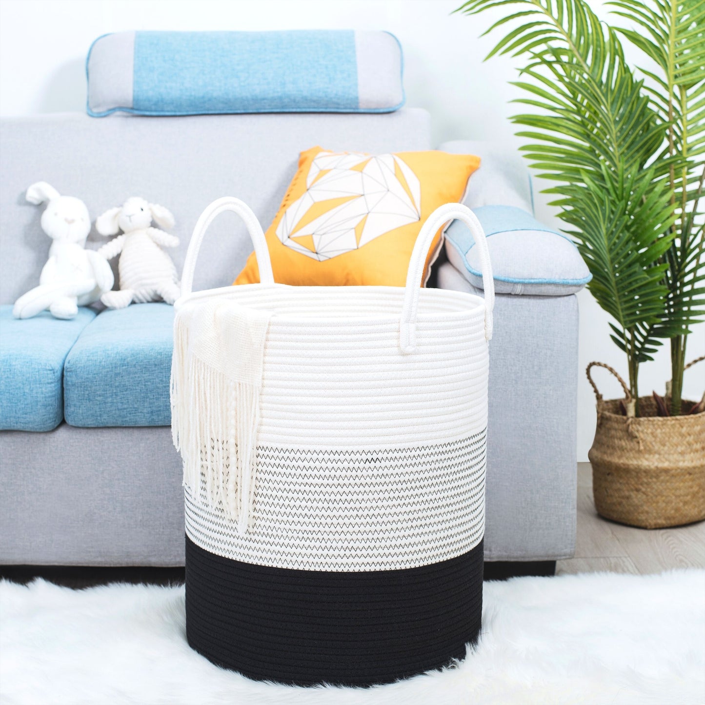 18"x16" Rope Basket w/ Long Handles - Black Stitch
