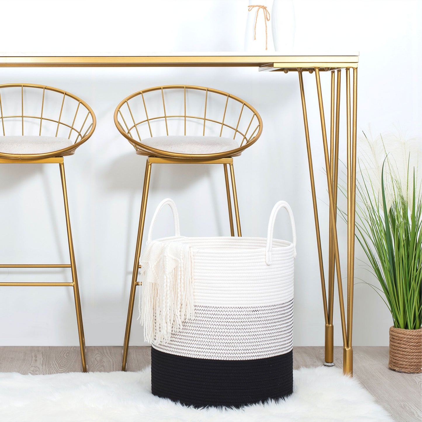 18"x16" Rope Basket w/ Long Handles - Black Stitch