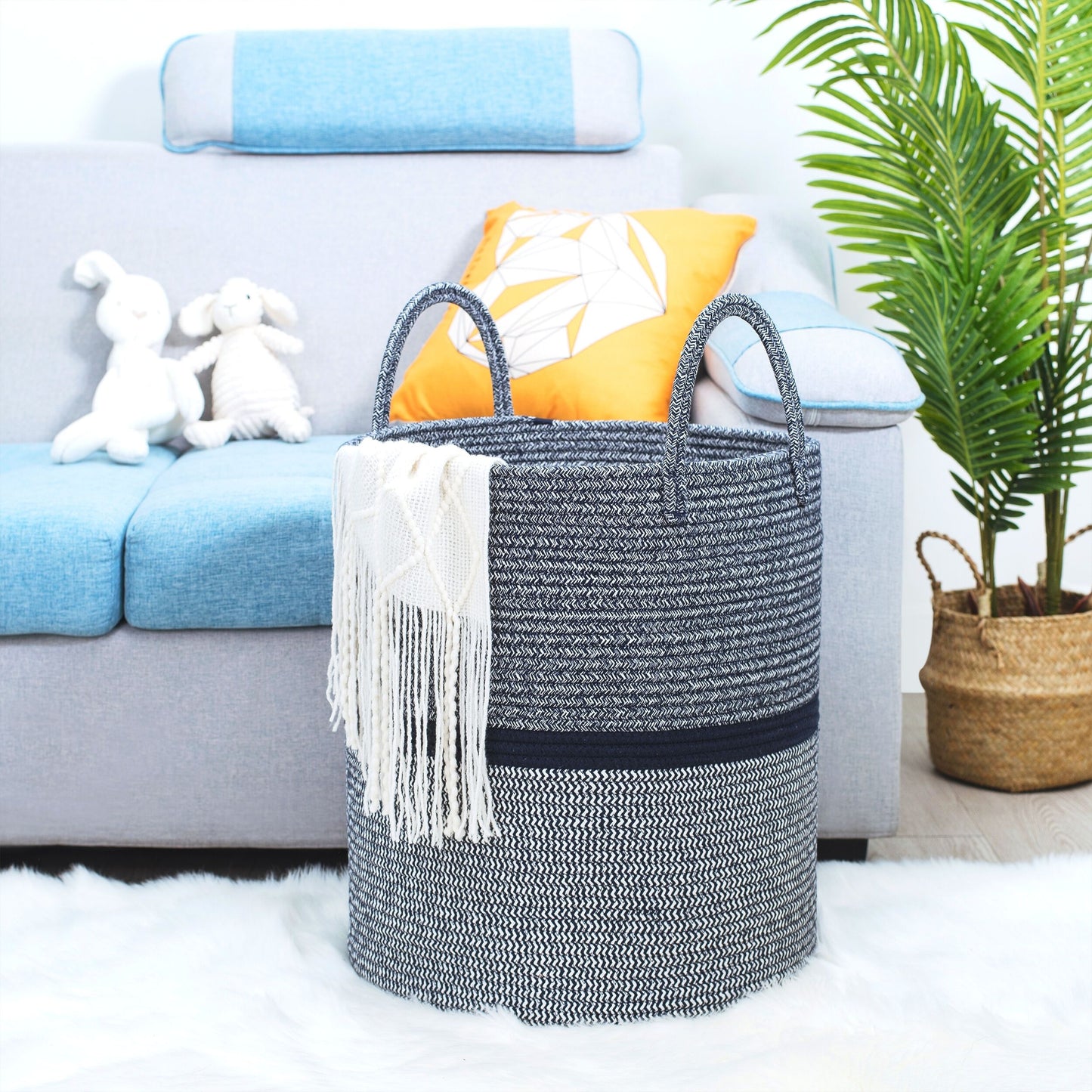 18"x16" Rope Basket w/ Long Handles - Dark Blue Mix